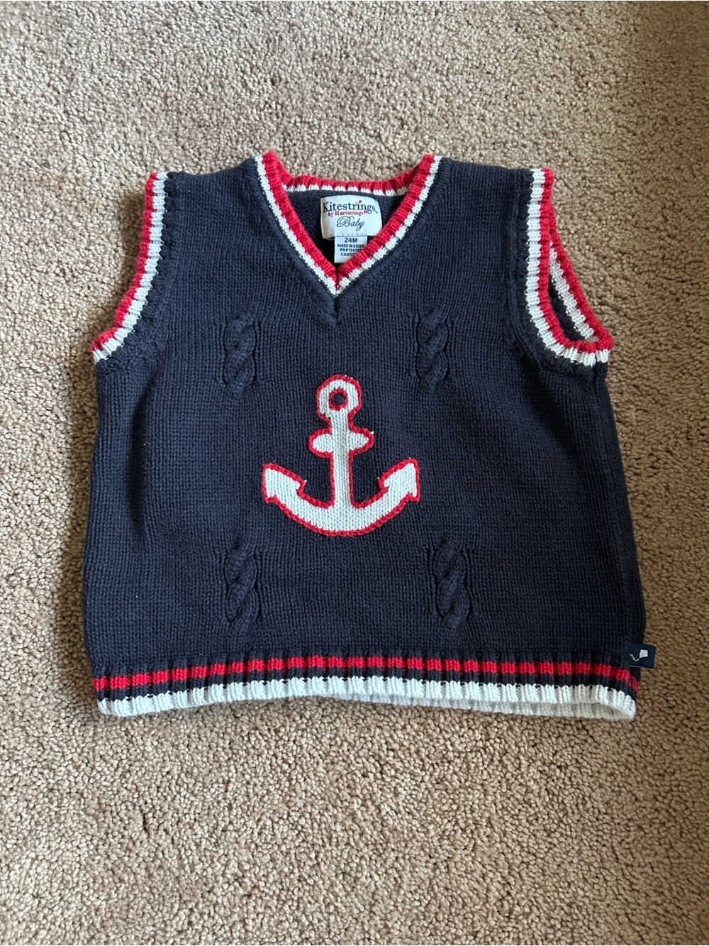 Navy Anchor Knit Vest - Red & White Trim